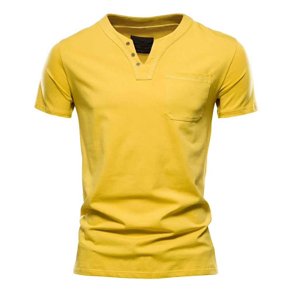 Men's Casual Breathable Slim V-Neck Thin Short Sleeve T-shirts Yellow